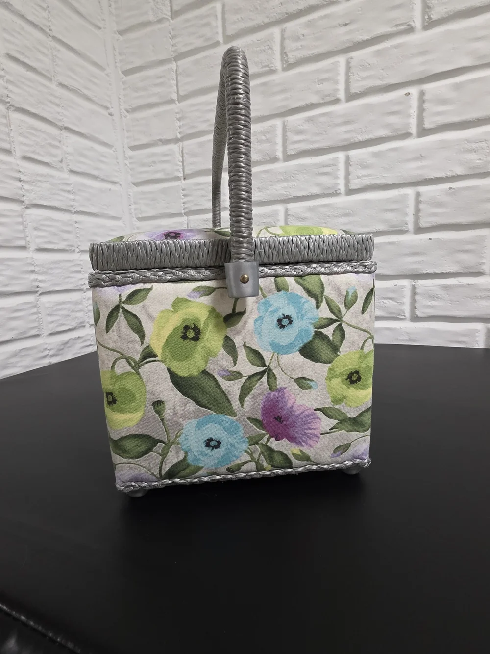Floral Fabric Sewing Basket Rectangle Craft Organizer Box Gray Trim